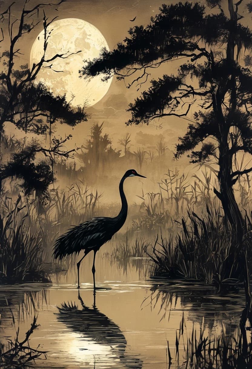 Moonlit Crane's Vigil - original