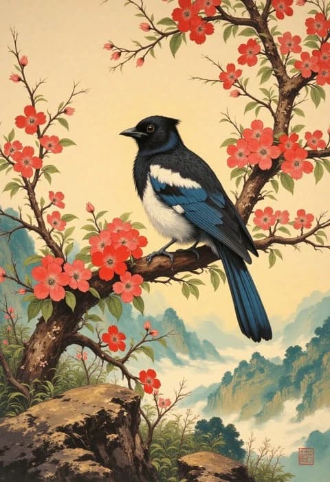 Magpie Amidst Crimson Blossoms